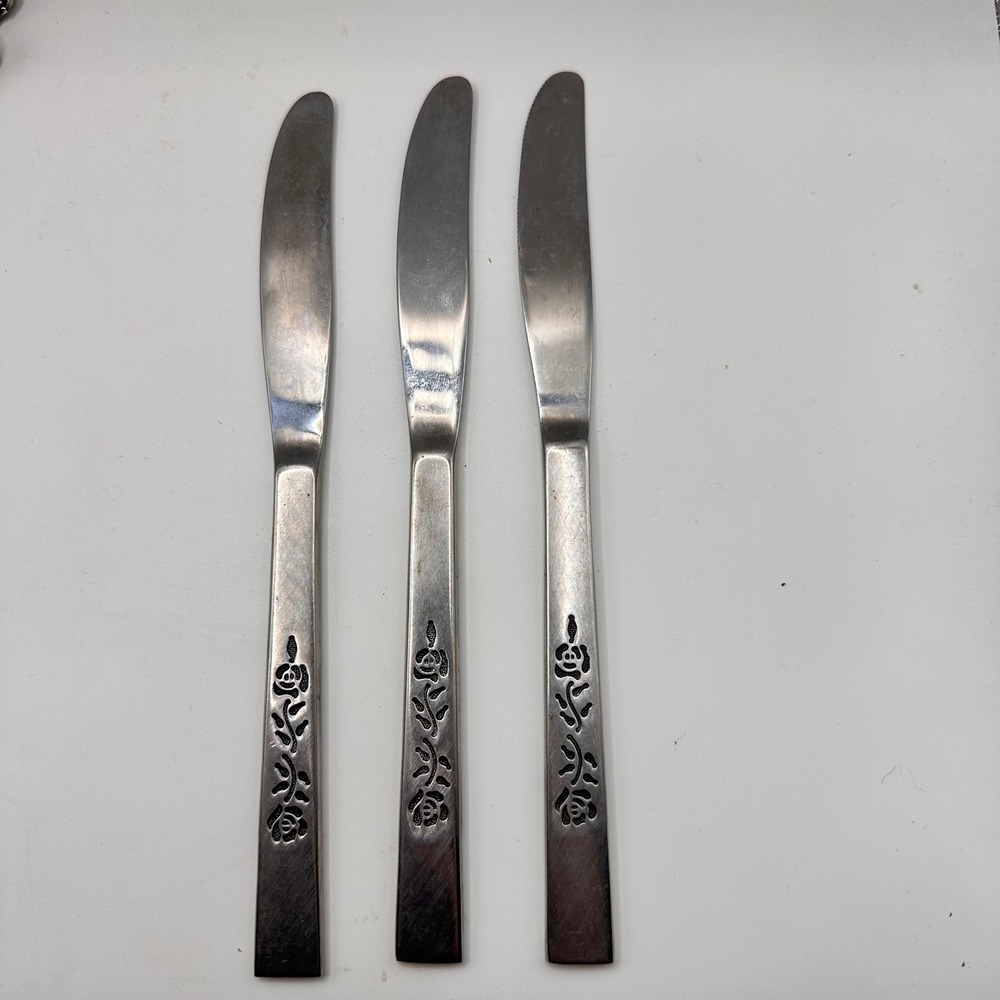 Oxford‎ Hall OXH3 Stainless Dinner Knives Rose Japan vintage Flatware Set of 3
